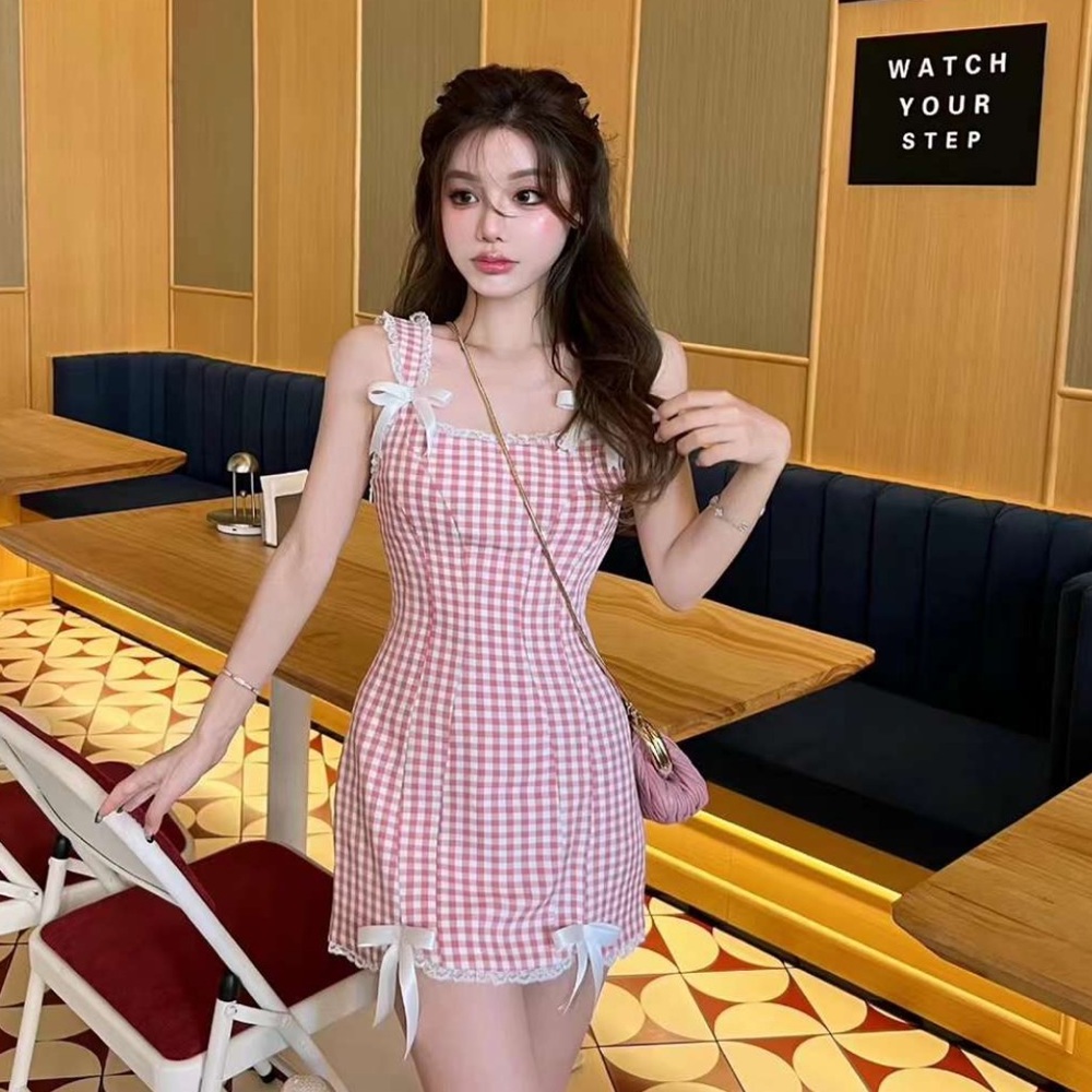 Japanese Kawaii Summer Red White Plaid Lace Ribbon Bow Y2K One Piece Mini Dress